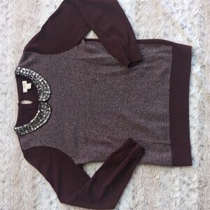 J. Crew Factory Jewel Collar Burgundy Herringbone Sweater
